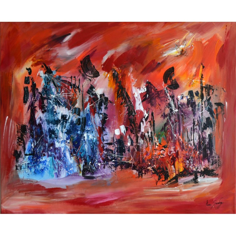 La montagne bleue - tableau rouge abstrait