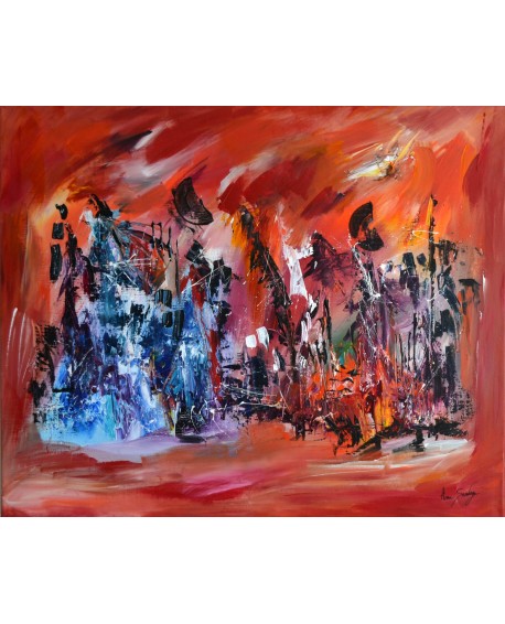 La montagne bleue - tableau rouge abstrait
