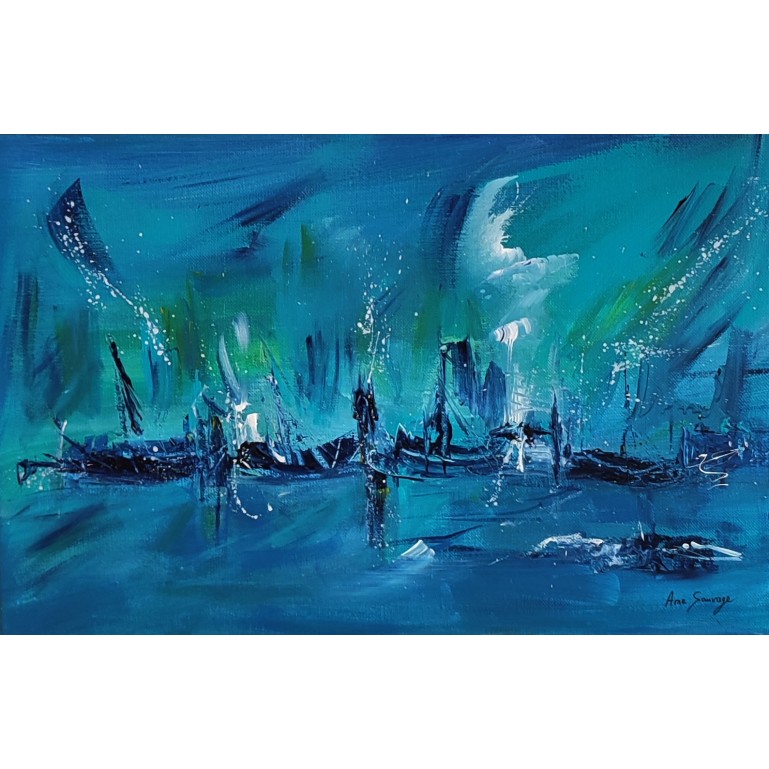 tableau abstrait bleu bateaux