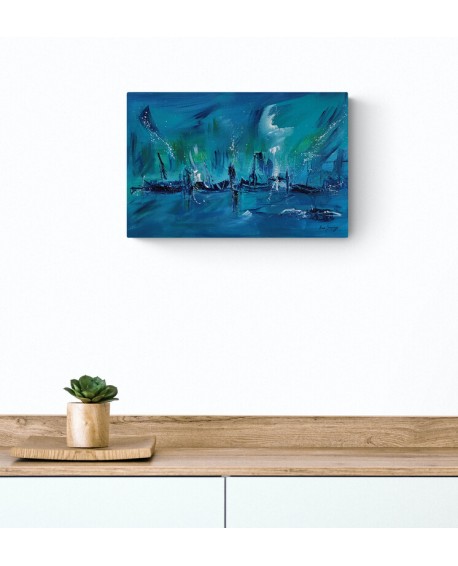 tableau abstrait bleu de bateaux