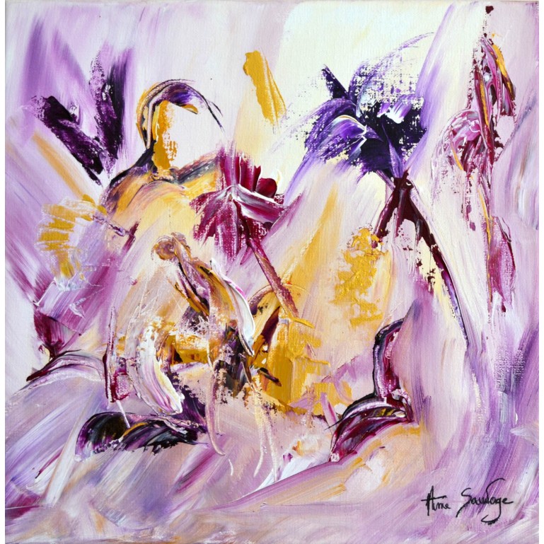 Fleurs d'or - tableau abstrait violet mauve