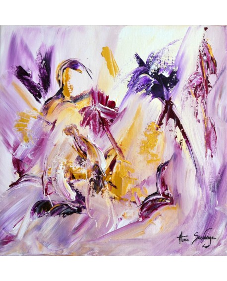 Fleurs d'or - tableau abstrait violet mauve