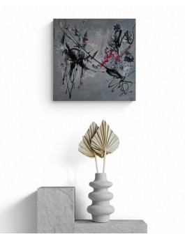 tableau abstrait contemporain gris rouge noir blanc