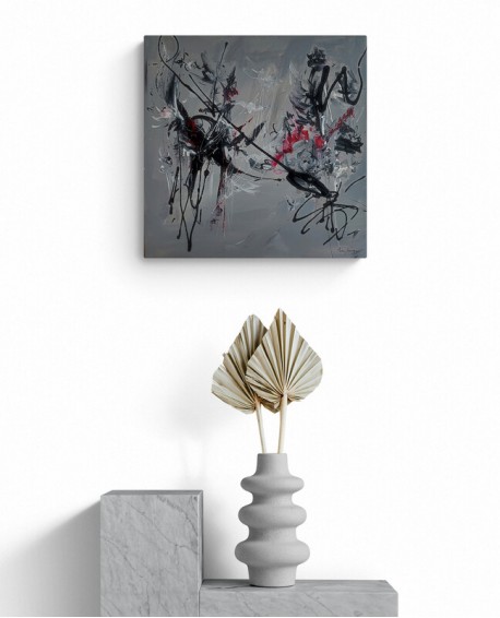 tableau abstrait contemporain gris rouge noir blanc
