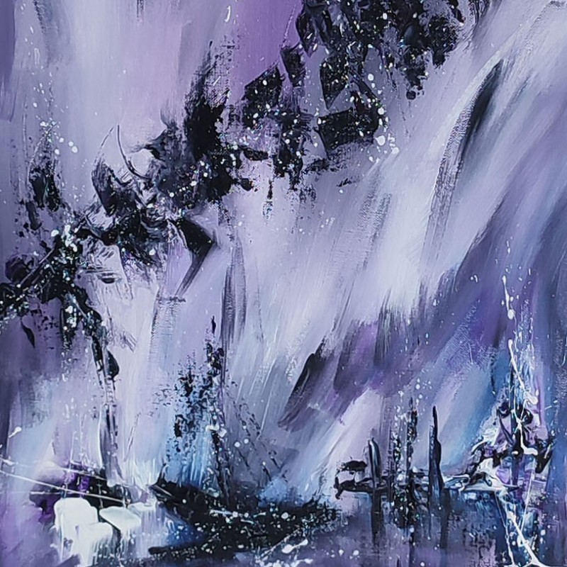 Tableau vertical bleu violet blanc noir d'artiste peintre contemporain