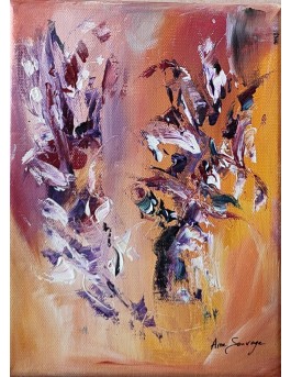 tableau abstrait vertical de fleurs jaune violet