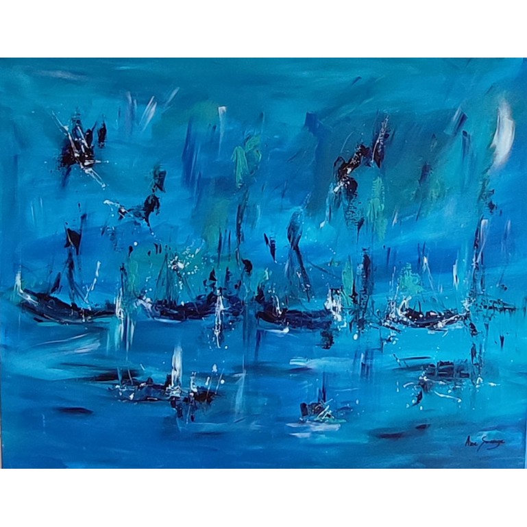grand tableau abstrait bleu bateaux