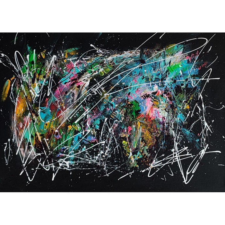 Flashy - tableau abstrait multicolore sur fond noir