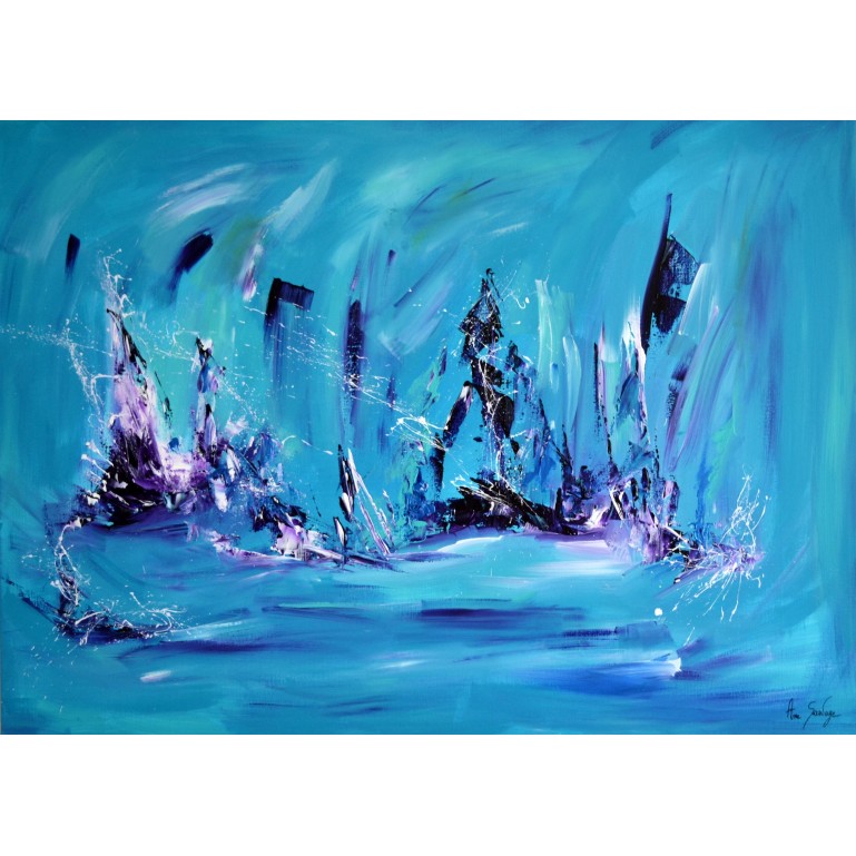 Les sculptures de glace - grand tableau abstrait bleu turquoise