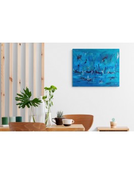 grand tableau abstrait contemporain bleu bateaux