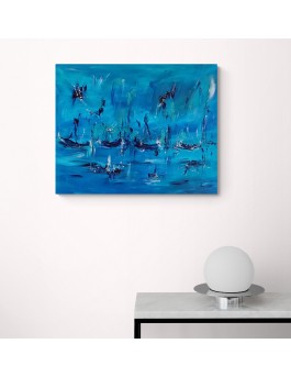 grand tableau abstrait moderne bleu bateaux