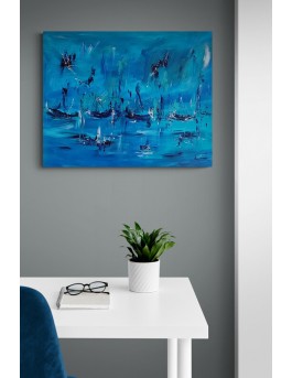 grand tableau contemporain abstrait bleu de bateaux