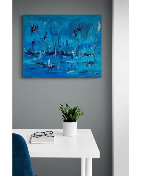 grand tableau contemporain abstrait bleu de bateaux