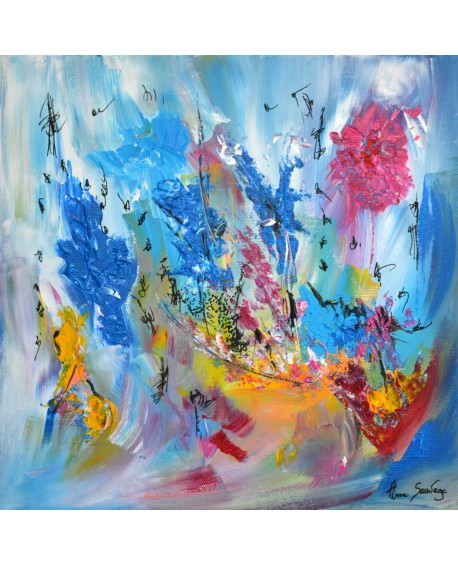 Butinage de printemps - tableau abstrait bleu fleurs