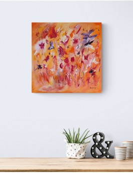 tableau abstrait orange rouge avec fleurs