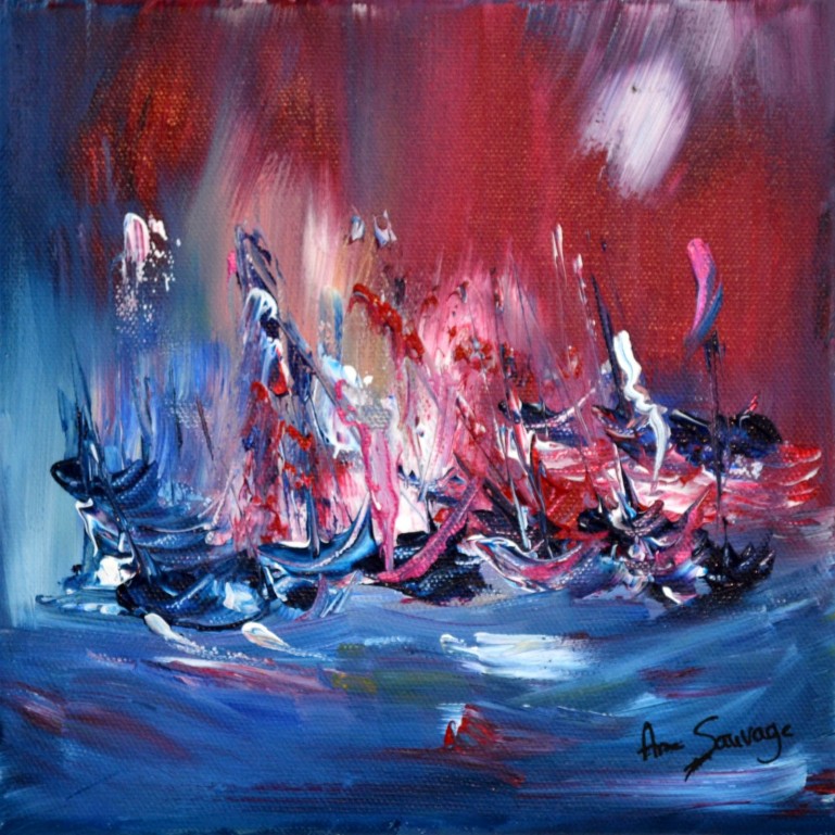 L'océan déchainé - tableau abstrait violet rouge