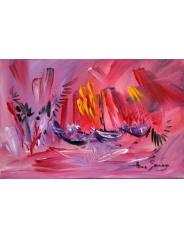 tableau contemporain rouge bateaux Three purple boats
