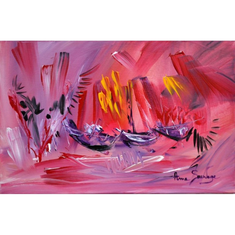 tableau contemporain rouge bateaux Three purple boats