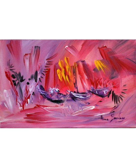 tableau contemporain rouge bateaux Three purple boats