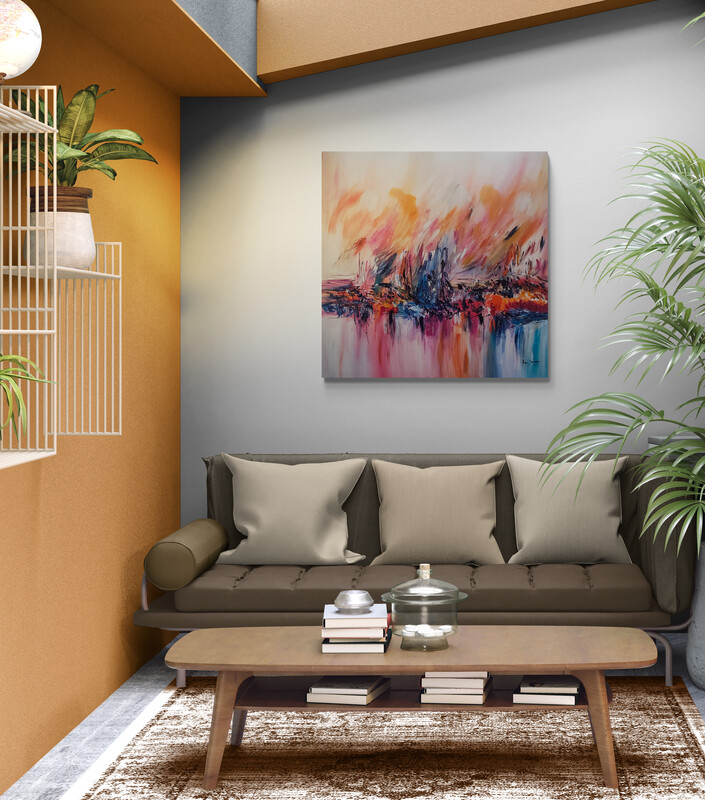 toile abstraite grand format au-dessus d’un canapé