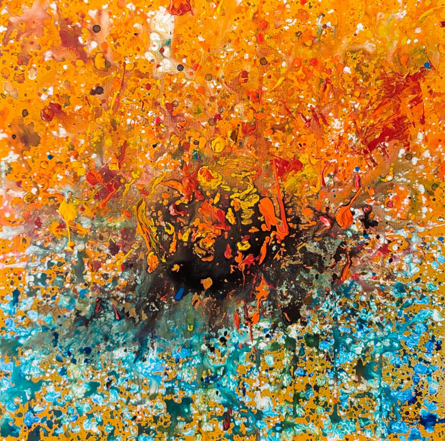 tableau-art-abstrait-orange-jaune-dripping
