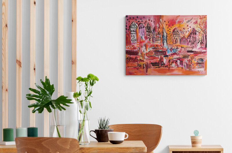 peinture abstraite maisons rouge orange