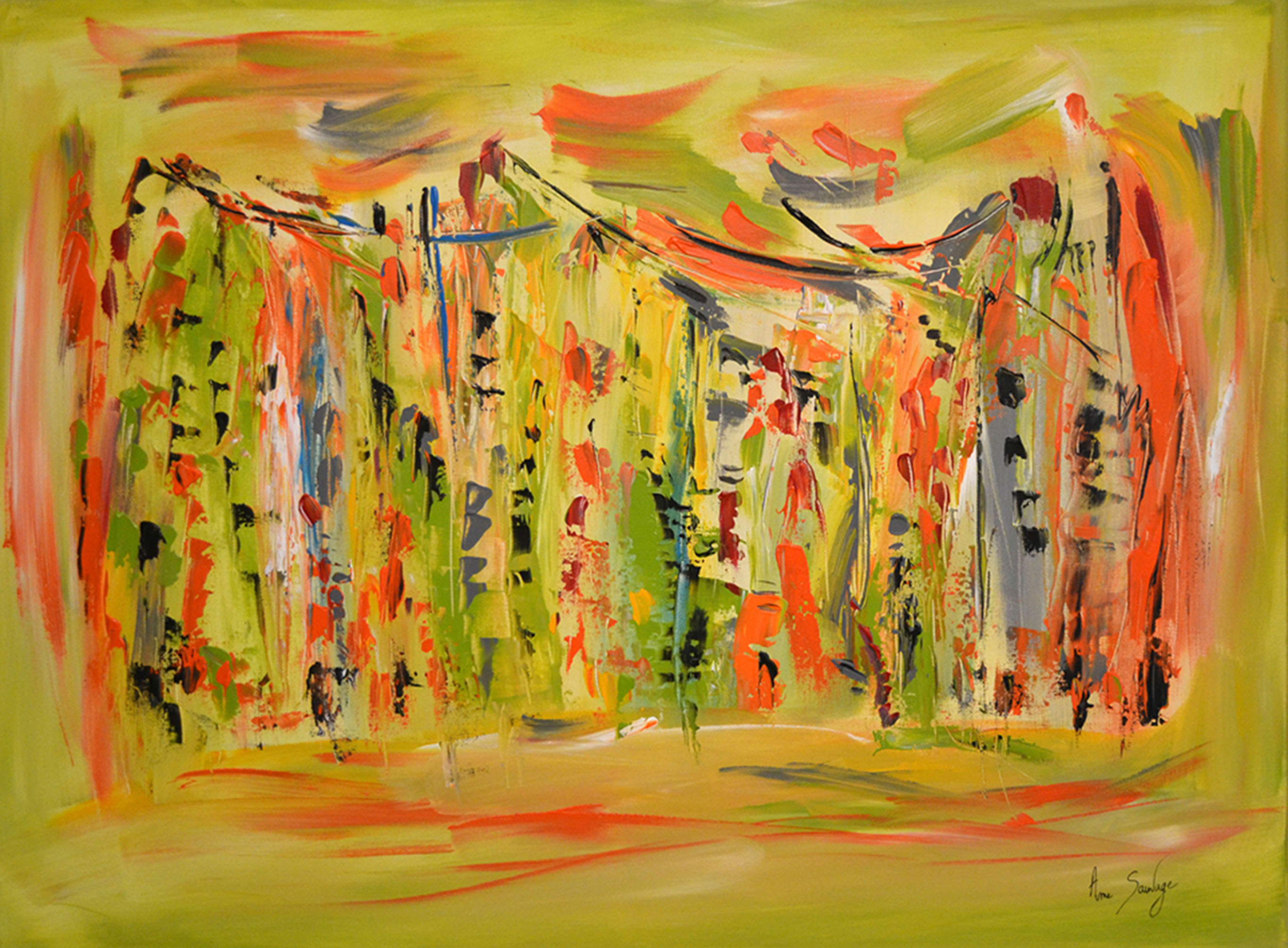 tableau abstrait vert orange gris royaume