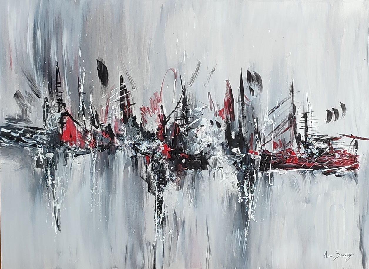 tableau abstrait gris blanc rouge moderne
