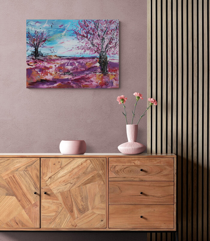 tableau peinture arbre en fleurs cerisiers japonais