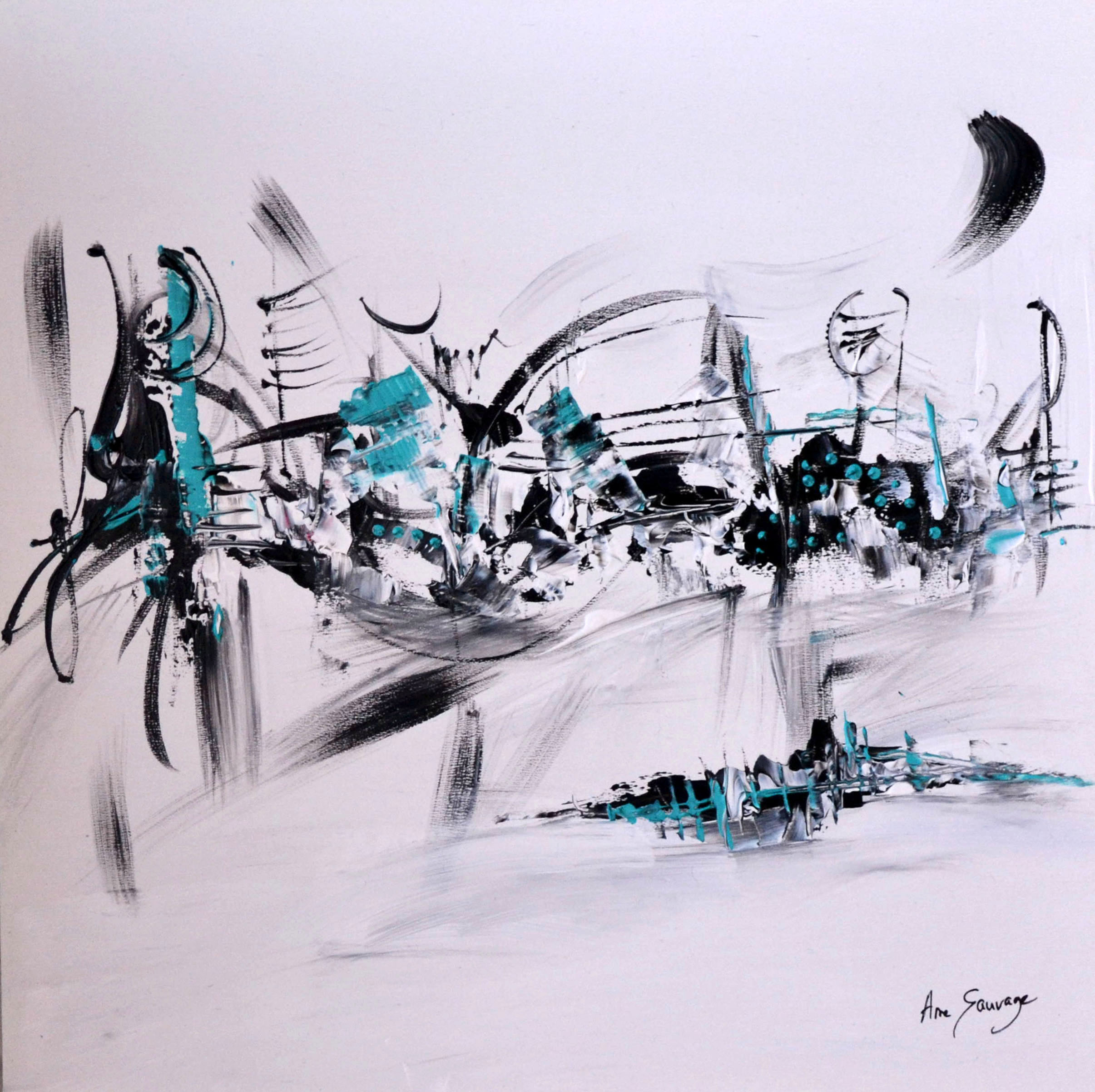 tableau abstrait blanc avec touches de noir et bleu
