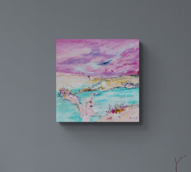 tableau-abstrait-rose-mur-gris