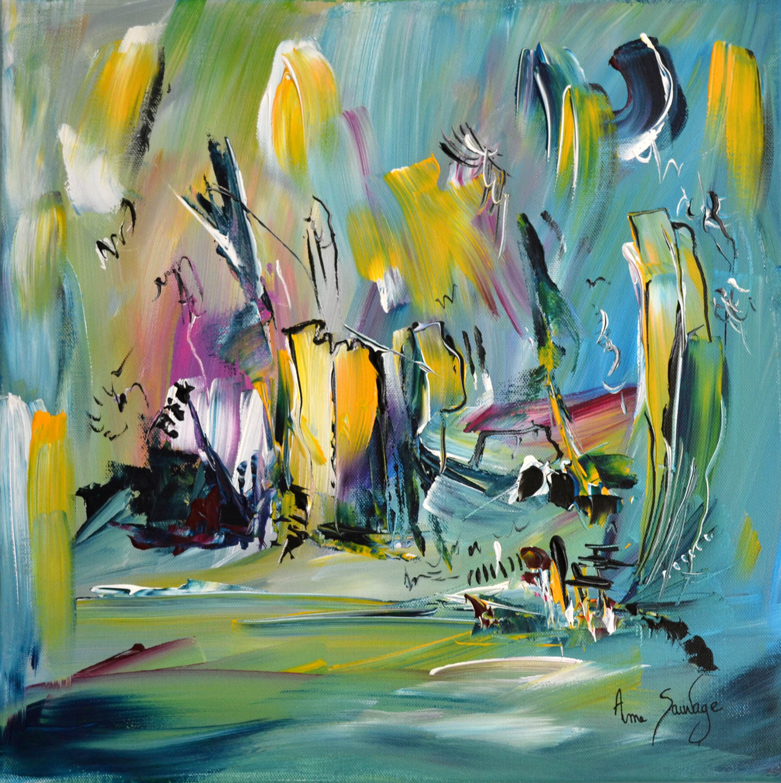 tableau abstrait contemporain vert jaune tr u00e8s moderne