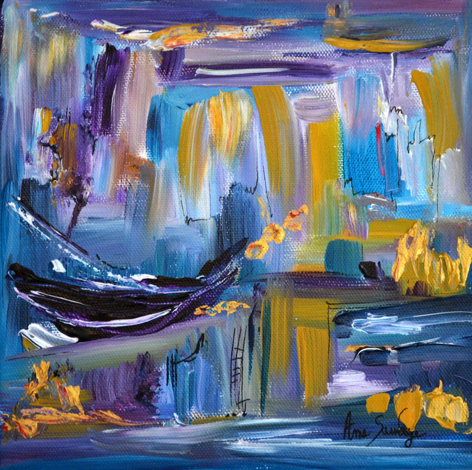 peinture abstraite moderne violet bleu or au couteau