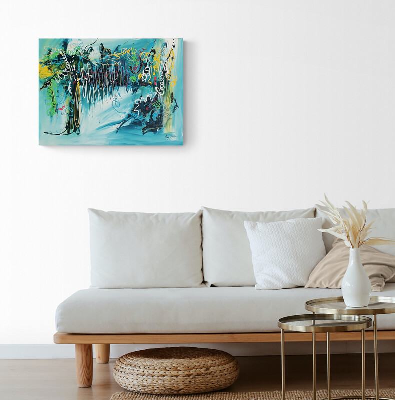 tableau abstrait avec des mots bleu