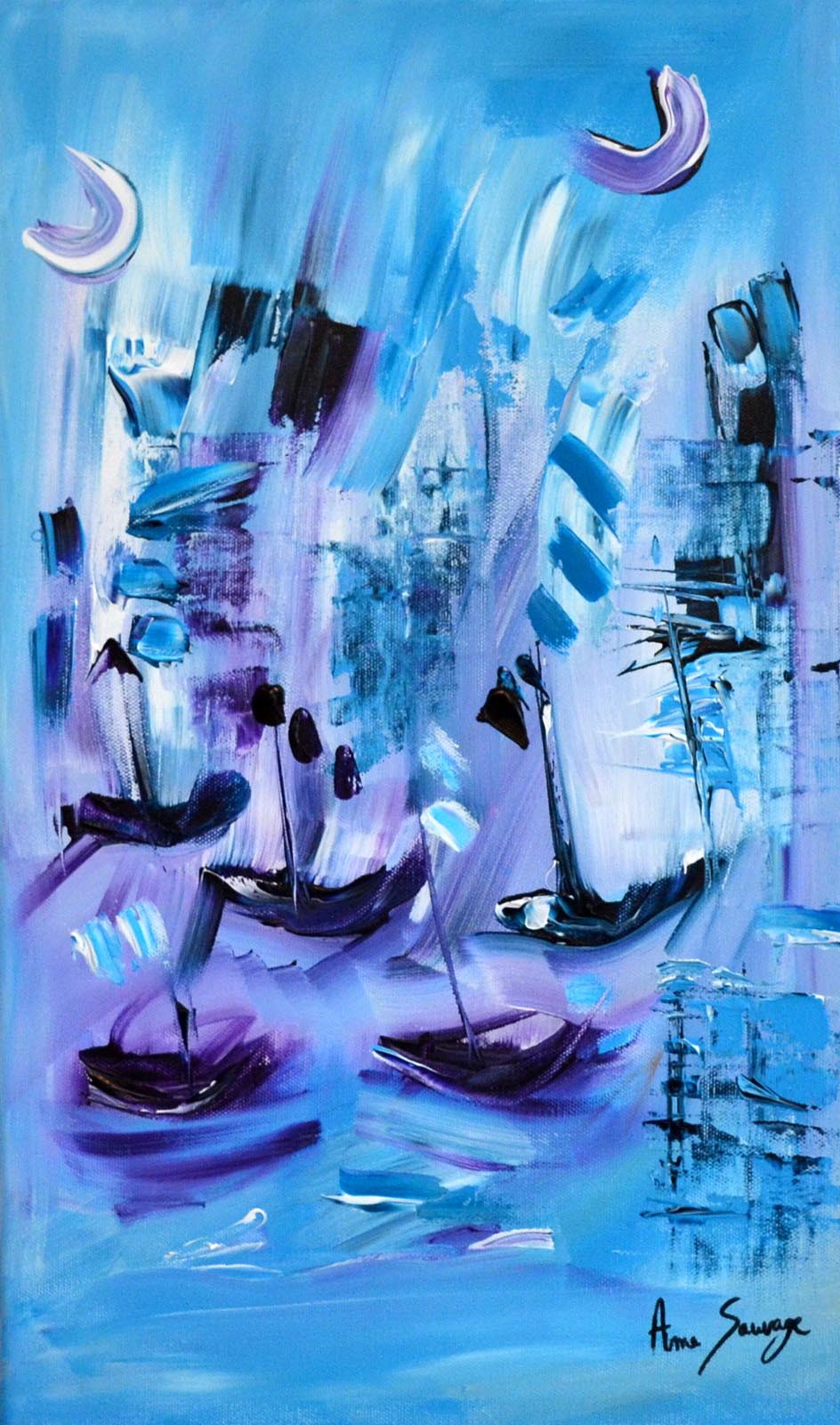 tableau bleu violet avec bateaux