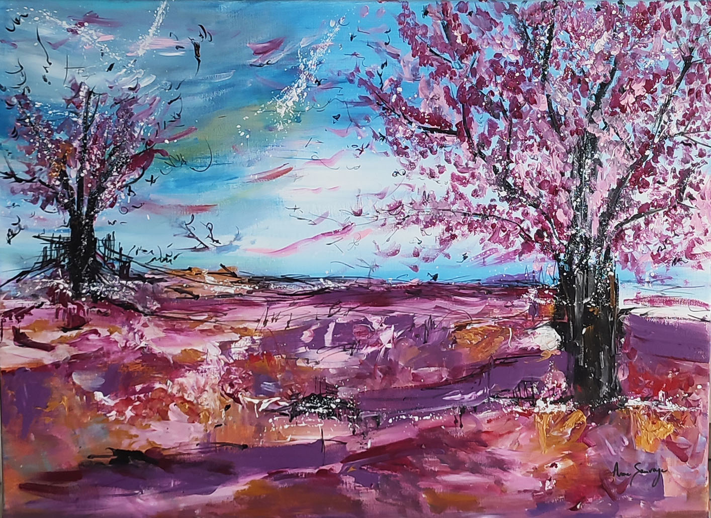 tableau peinture cerisiers en fleurs