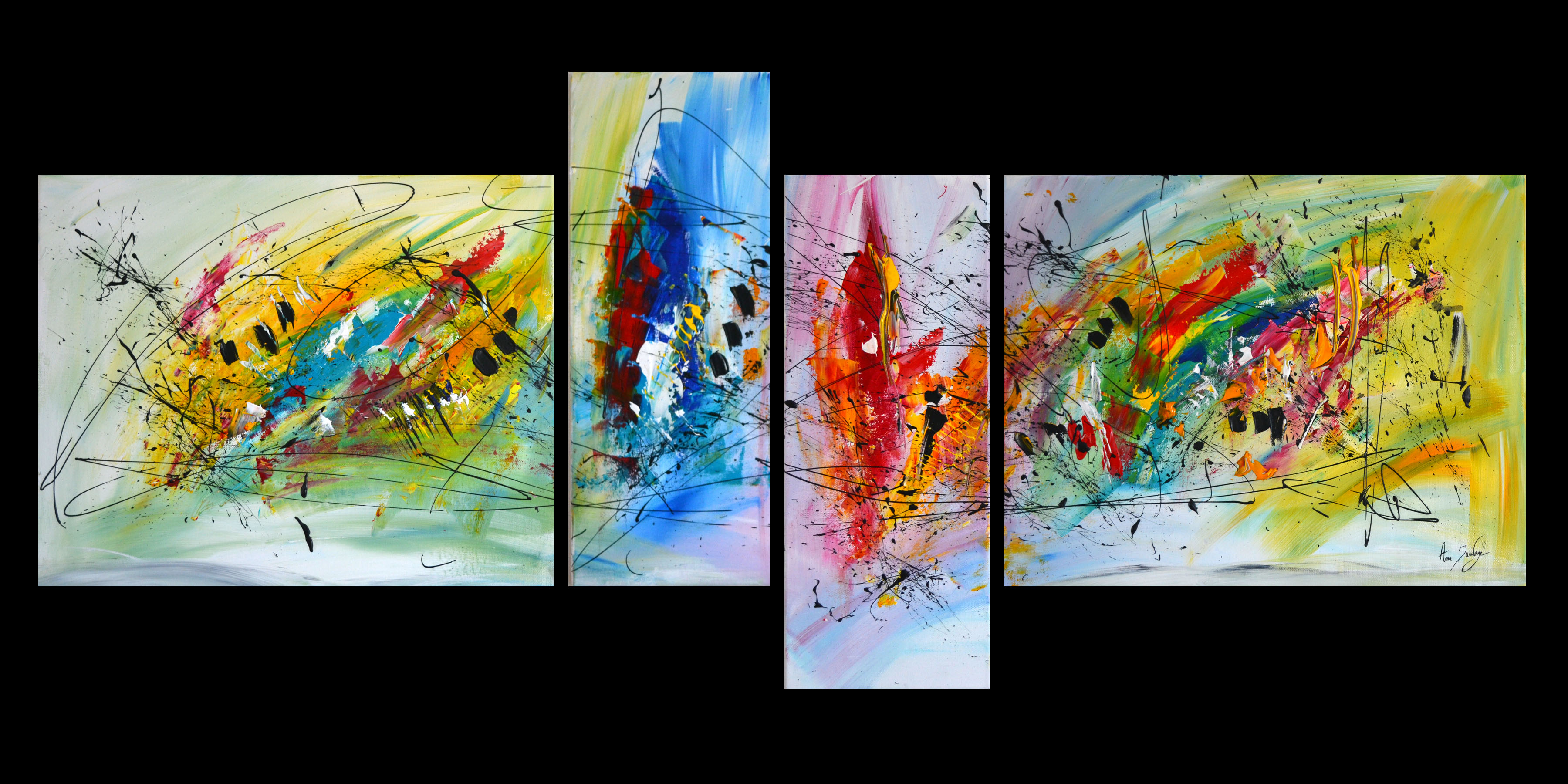  Tableau  quadriptyque abstrait multicolore  couleurs vives 