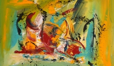 Peinture abstraite contemporaine jaune vert bleu rouge