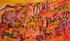 A flanc de montagne - tableau abstrait orange jaune