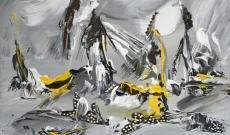 Tableau abstrait contemporain gris jaune noir blanc