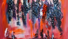 Ville suspendue, tableau abstrait rouge moderne