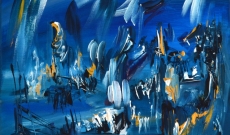 L'or illumine la nuit, tableau abstrait moderne bleu