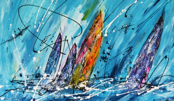 Grand tableau abstrait de voiliers en mer