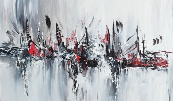 Retour sur le passé - tableau abstrait gris noir blanc rouge