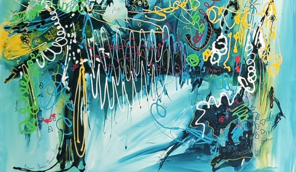 Tableau abstrait bleu avec des mots positifs