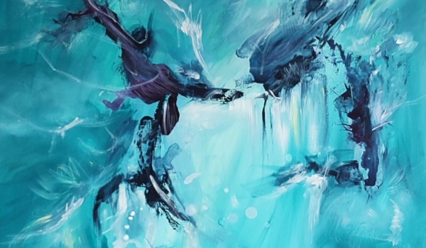 Grand tableau abstrait bleu danse aquatique