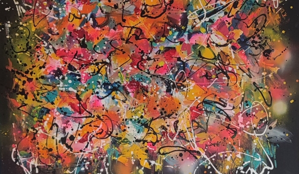 Grand tableau abstrait contemporain multicolore avec des couleurs très flashy 100 x 100 cm