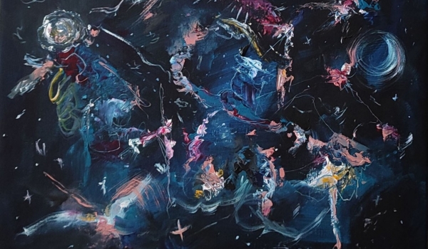 Tableau abstrait coloré sur fond noir bataille stellaire - thème de l'univers