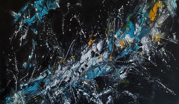 Grand tableau abstrait contemporain noir blanc bleu