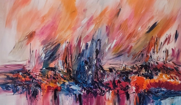 Mon nouveau tableau abstrait contemporain rouge orange bleu 100 x 100 cm Feu sur